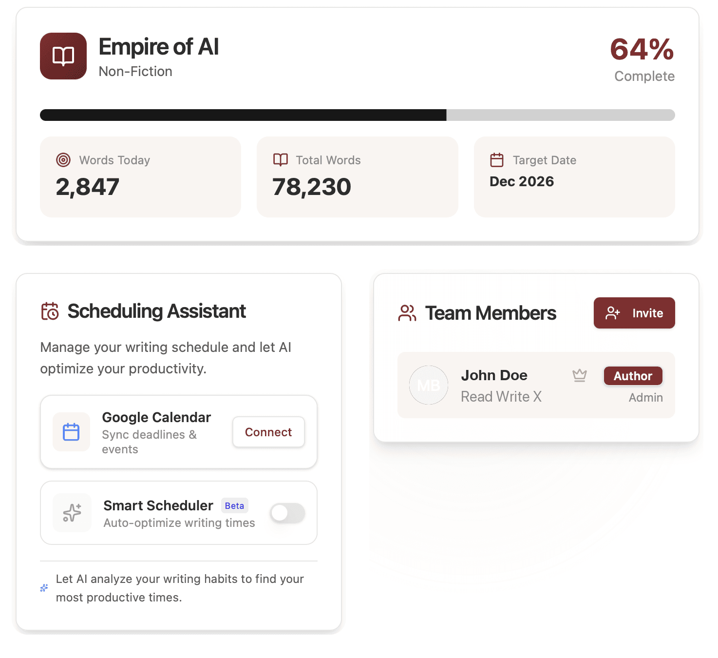 Manuscript workspace product shot — Empire of AI project dashboard with progress, scheduling assistant, and team members